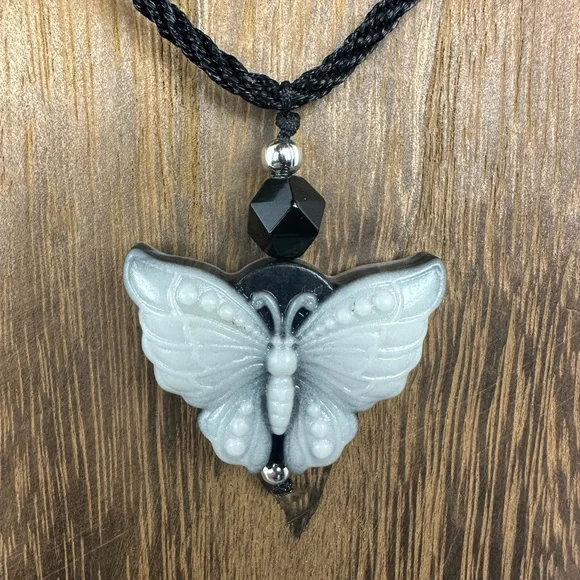 Tai Chi Stone Butterfly Pendant Necklace on Adjustable Black Rope - Picture 6 of 13
